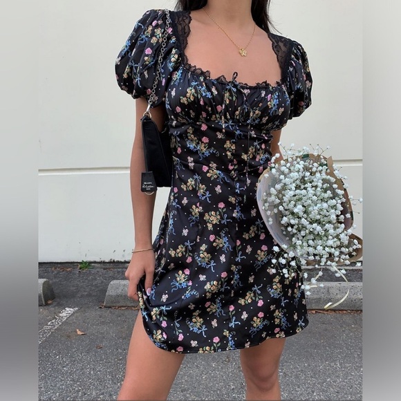 New! For Love & Lemons Black Floral & Lace August Mini Dress 🖤 XS - Picture 3 of 14